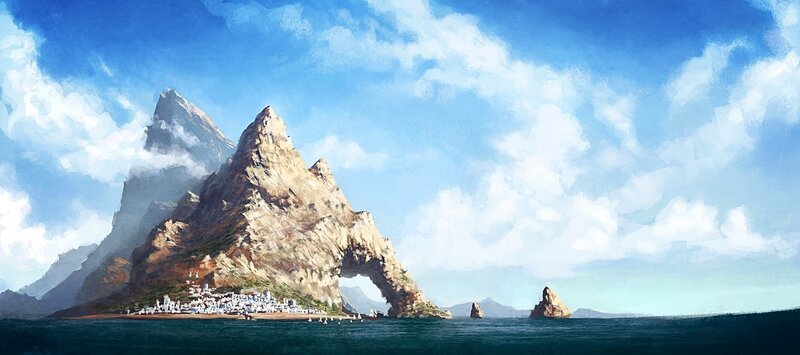Island with arch and coastal village