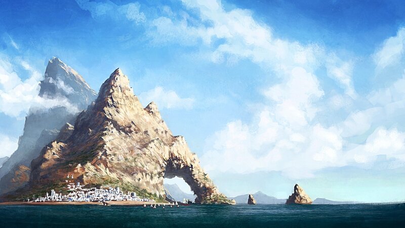 Island with arch and village