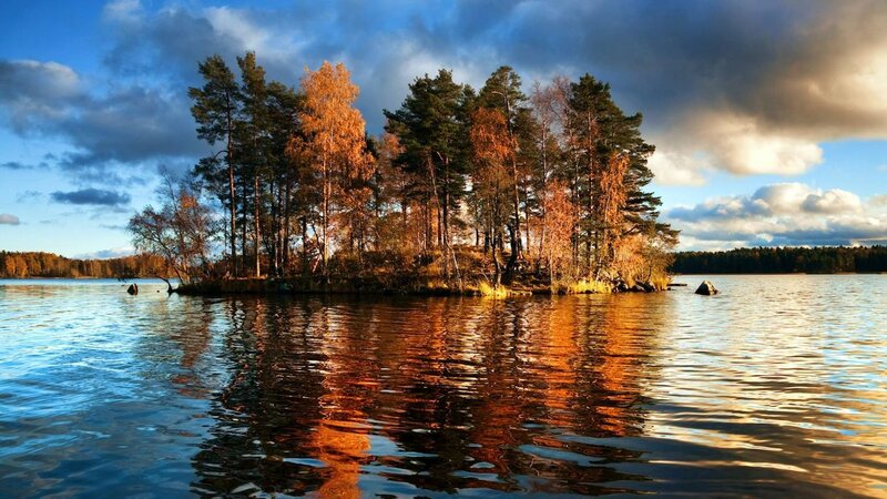 Island with Autumn Trees — Blue, Dramatic, Photograph, Lake