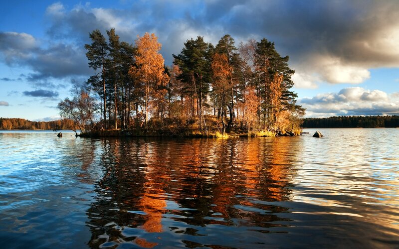 Island with Autumn Trees — Blue, Dramatic, Photograph