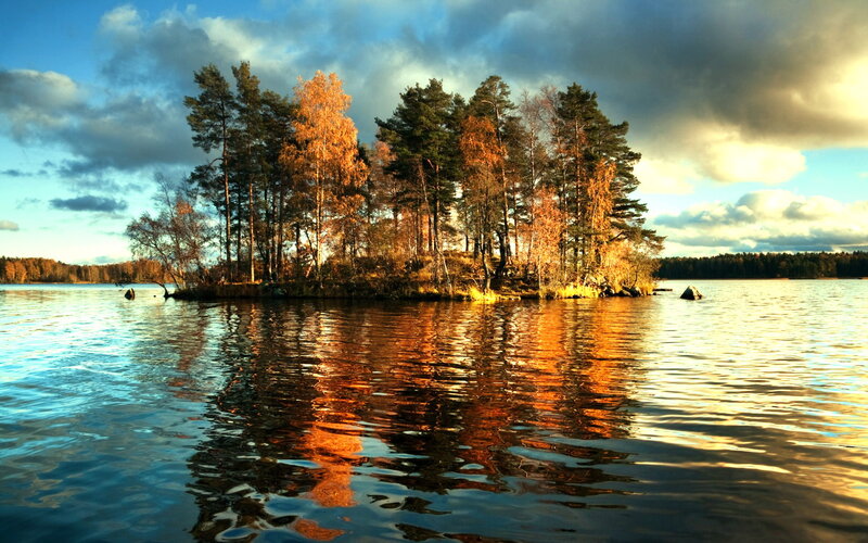 Island with Autumn Trees — Blue, Dramatic