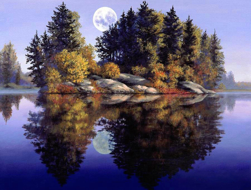 Island with Autumn Trees — Blue, Serene, Night