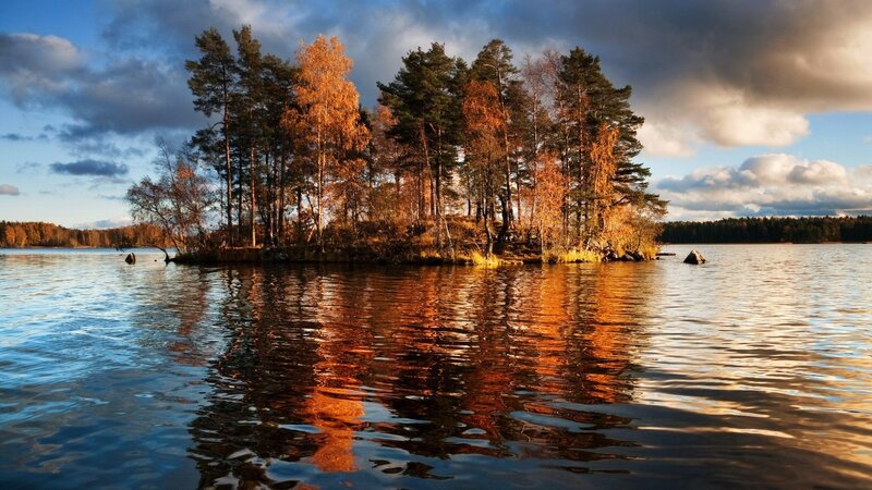 Island with Autumn Trees — Blue, Serene, Photograph, Lake, Clouds