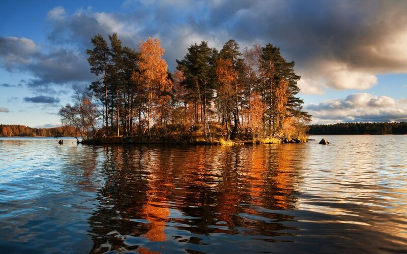 Island with Autumn Trees — Blue, Serene, Photograph