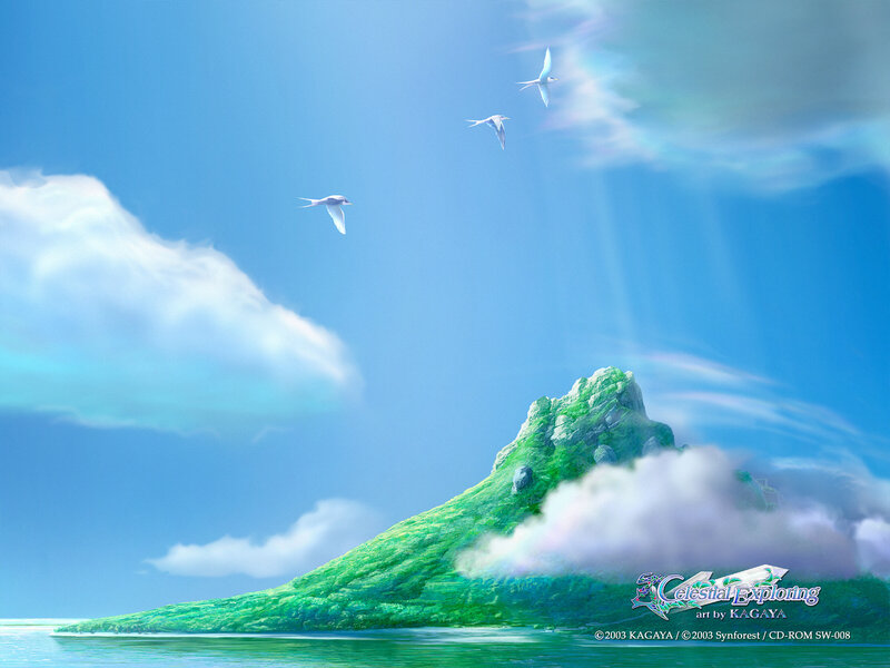 Island with birds in sky
