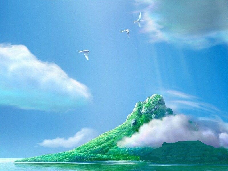 Island with birds in sky