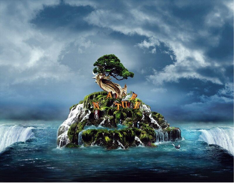 Island with Bonsai Tree — Blue, Dramatic, Digital Art, Waterfall, Clouds