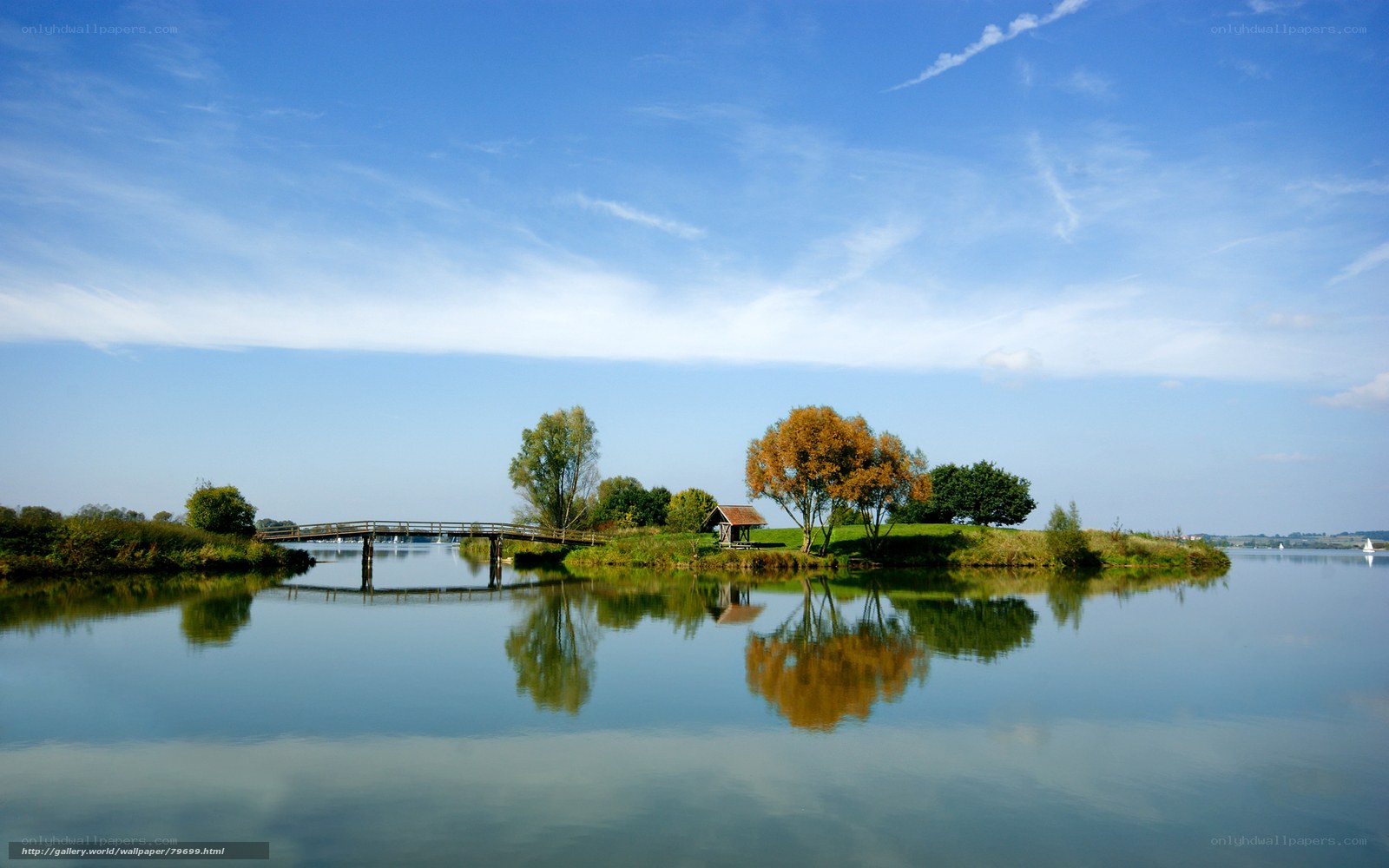 Island with bridge and trees