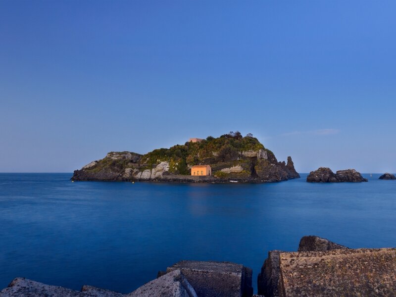 Island with Building — Blue, Serene