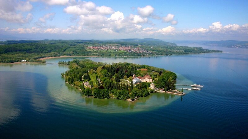 Island with Buildings — Blue, Serene, Afternoon, Photograph, Lake