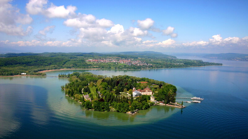 Island with Buildings — Blue, Serene, Afternoon