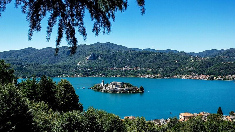 Island with Buildings on Lake