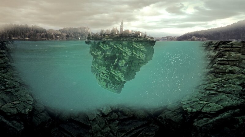 Island with church reflection
