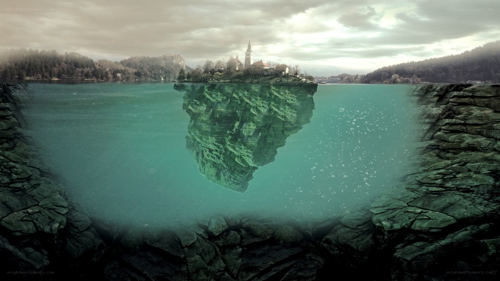 Island with church reflection