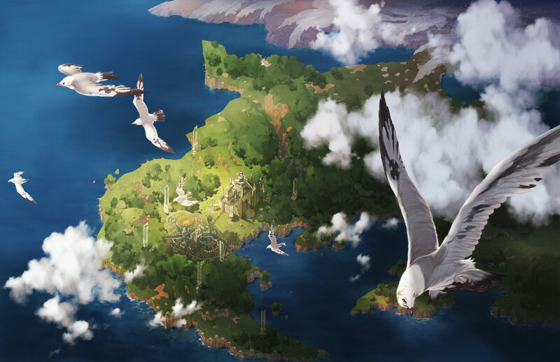 Island with flying birds