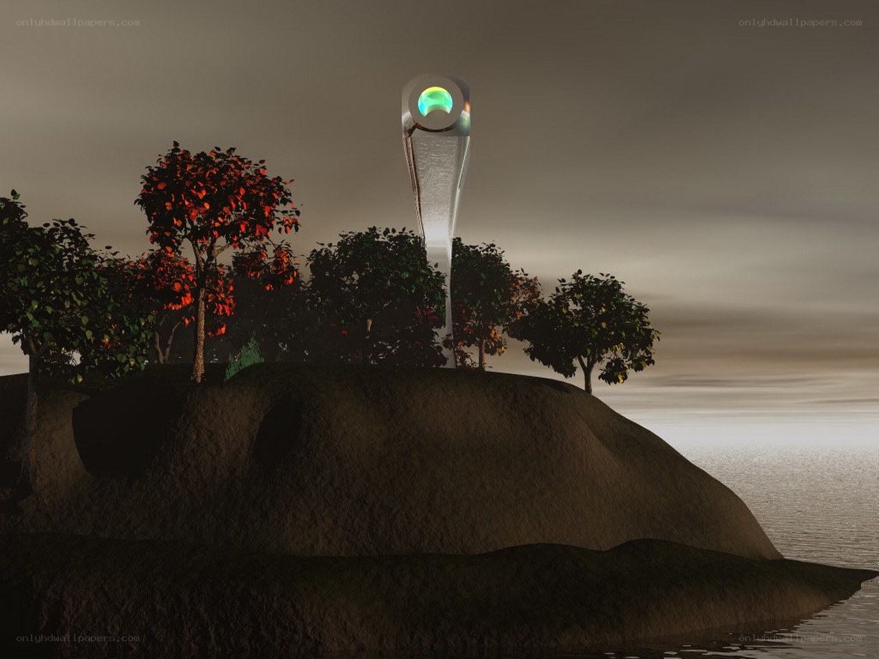 Island with glowing monument