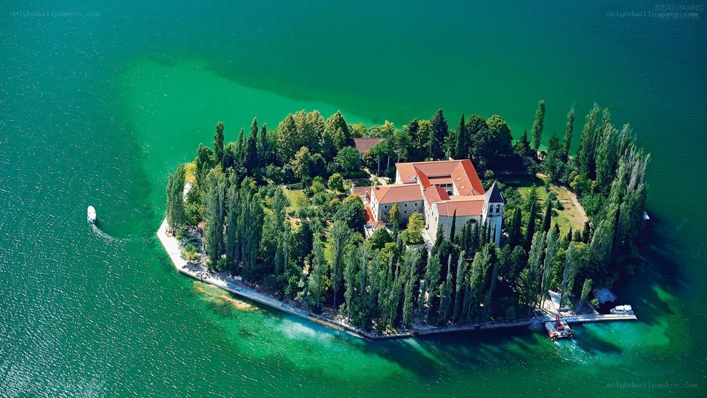 Island with historic buildings