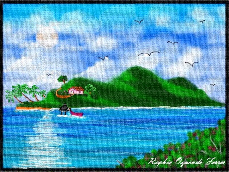 Island with House and Boat — Blue