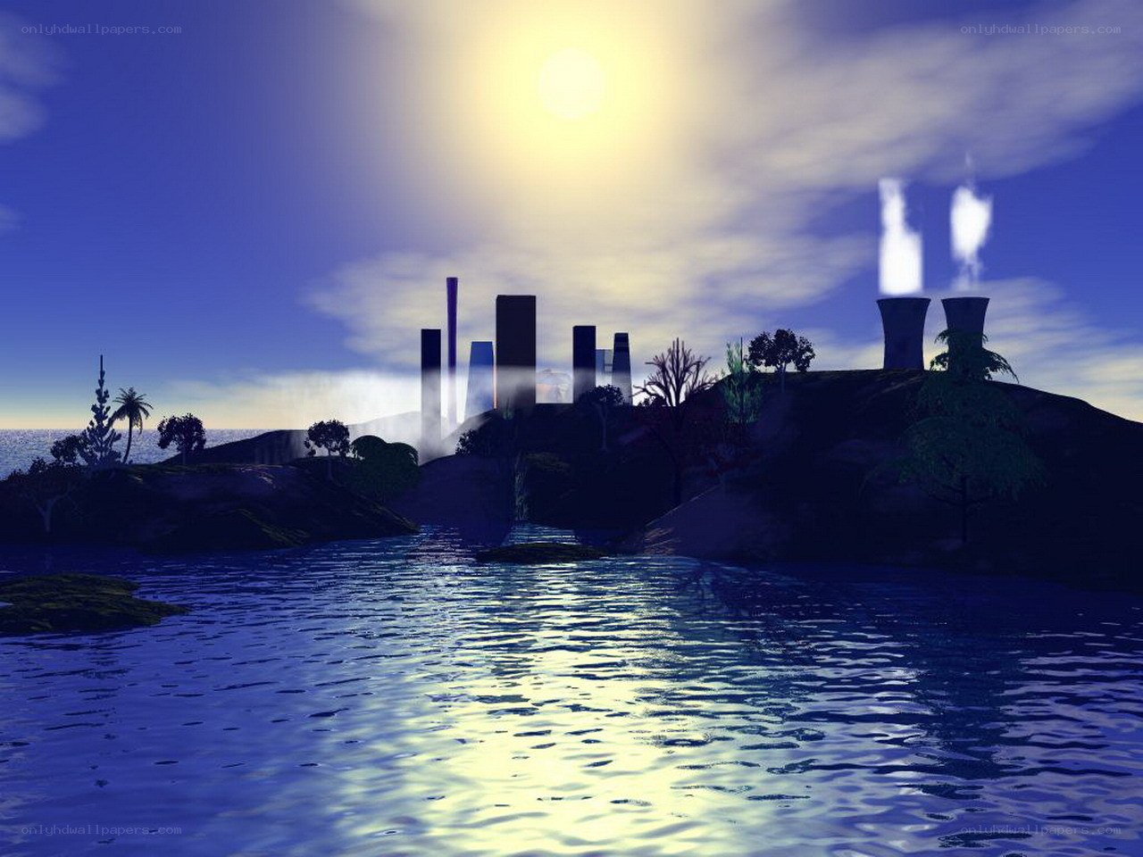 Island with industrial structures
