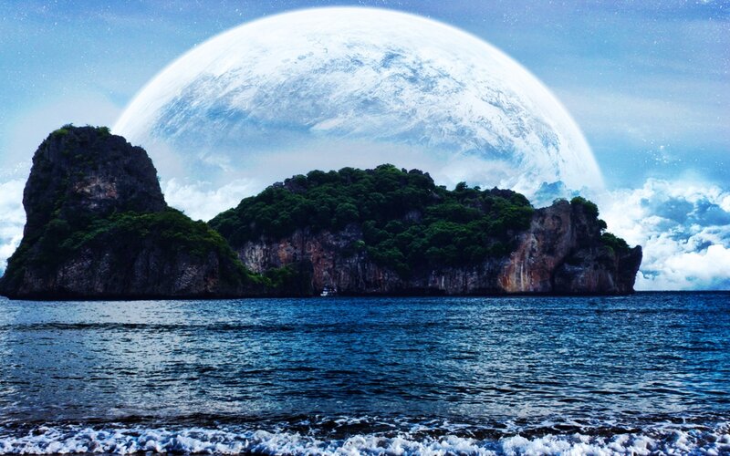 Island with Large Moon — Blue