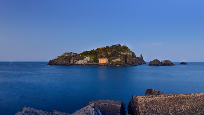 Island with orange building