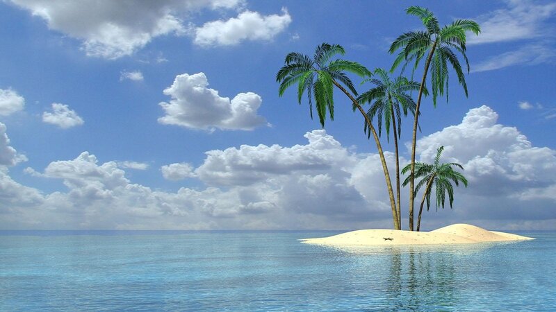 Island with Palm Trees — Blue, Serene, Afternoon, Digital Art, Palm Trees, Sand, Ocean