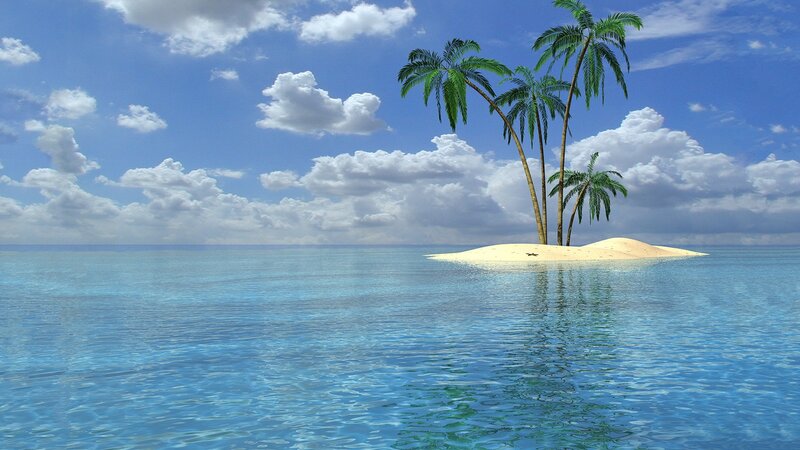Island with Palm Trees — Blue, Serene, Afternoon, Digital Art, Palm Trees, Sand