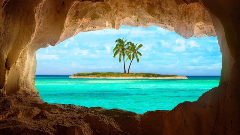 Island with Palm Trees — Blue, Serene, Afternoon, Photograph, Cave, Ocean, Sky