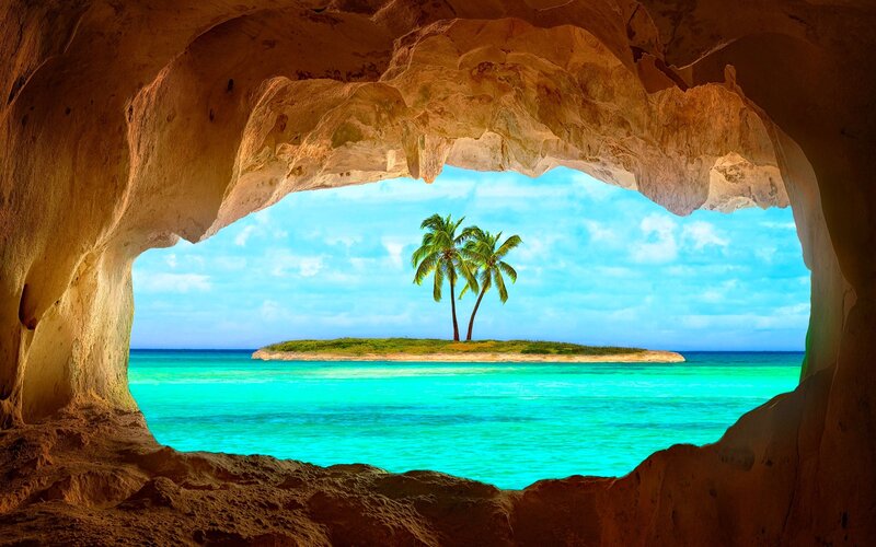 Island with Palm Trees — Blue, Serene, Afternoon, Photograph, Cave, Ocean