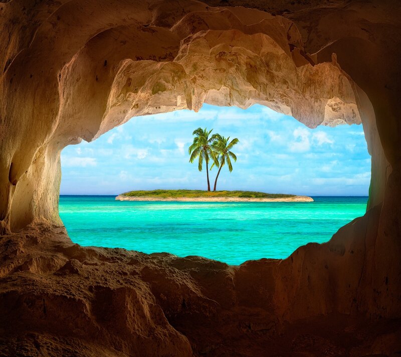 Island with Palm Trees — Blue, Serene, Afternoon, Photograph, Cave