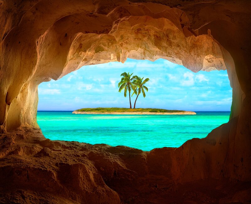 Island with Palm Trees — Blue, Serene, Afternoon, Photograph, Palm Trees