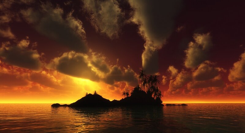 Island with Palm Trees — Orange, Dramatic, Sunset