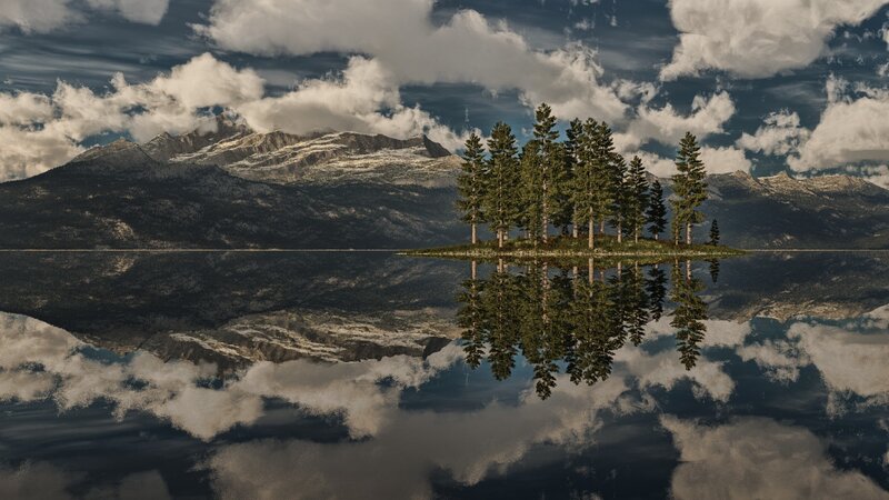 Island with Pine Trees — Blue, Serene, 3d Render