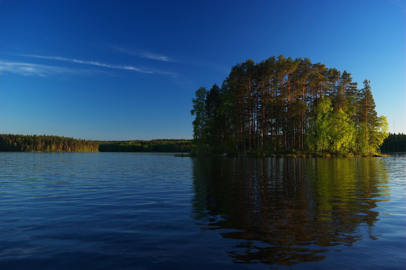 Island with Pine Trees — Blue, Serene, Afternoon, Photograph, Lake, Forest