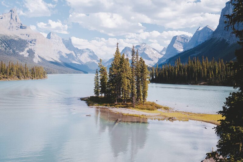 Island with Pine Trees — Blue, Serene, Afternoon, Photograph, Lake, Mountains