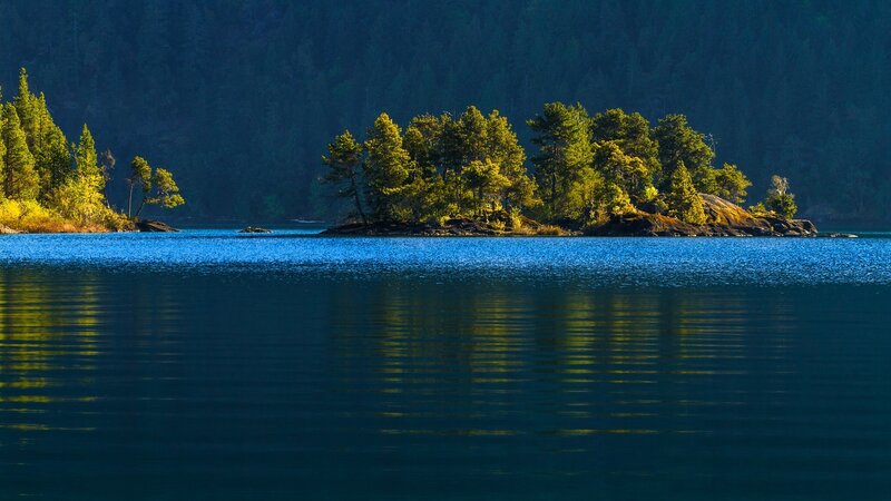 Island with Pine Trees — Blue, Serene, Afternoon, Photograph