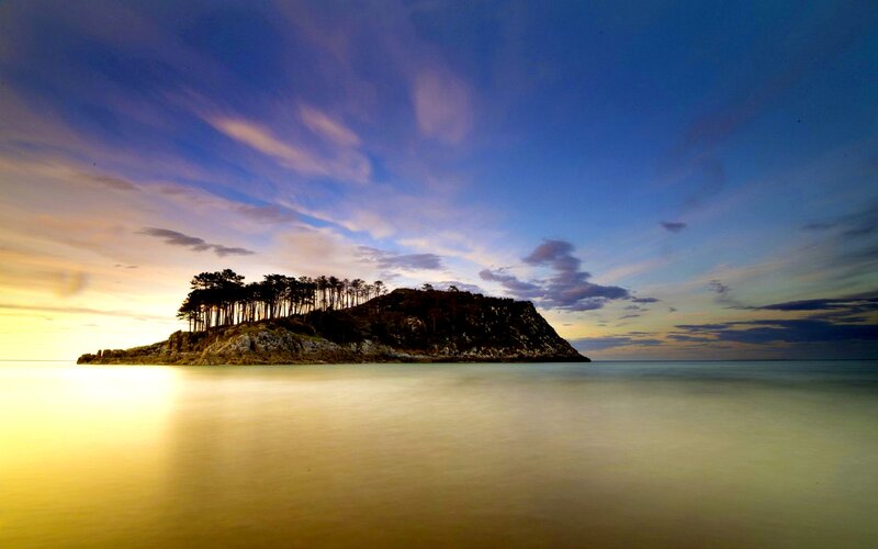 Island with Pine Trees — Blue, Serene, Sunset