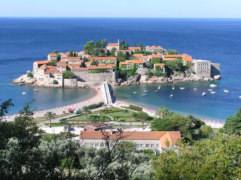 Island with Red-roofed Buildings — Blue, Serene, Afternoon, Photograph