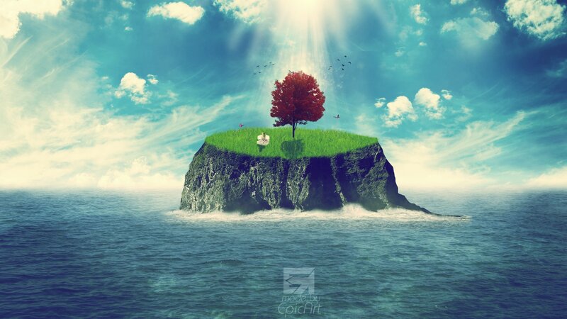 Island with red tree
