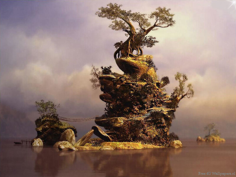 Island with tree and bridge