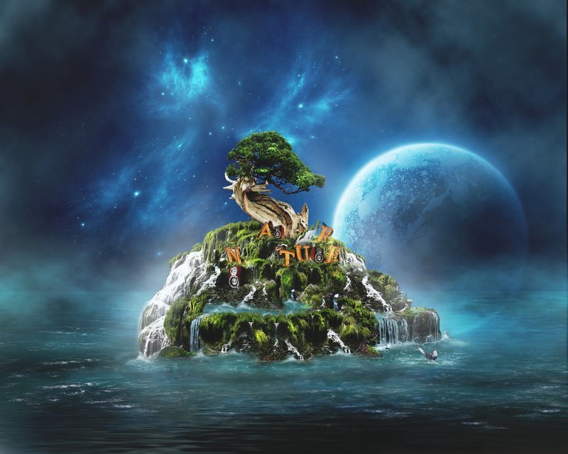 Island with tree and planet