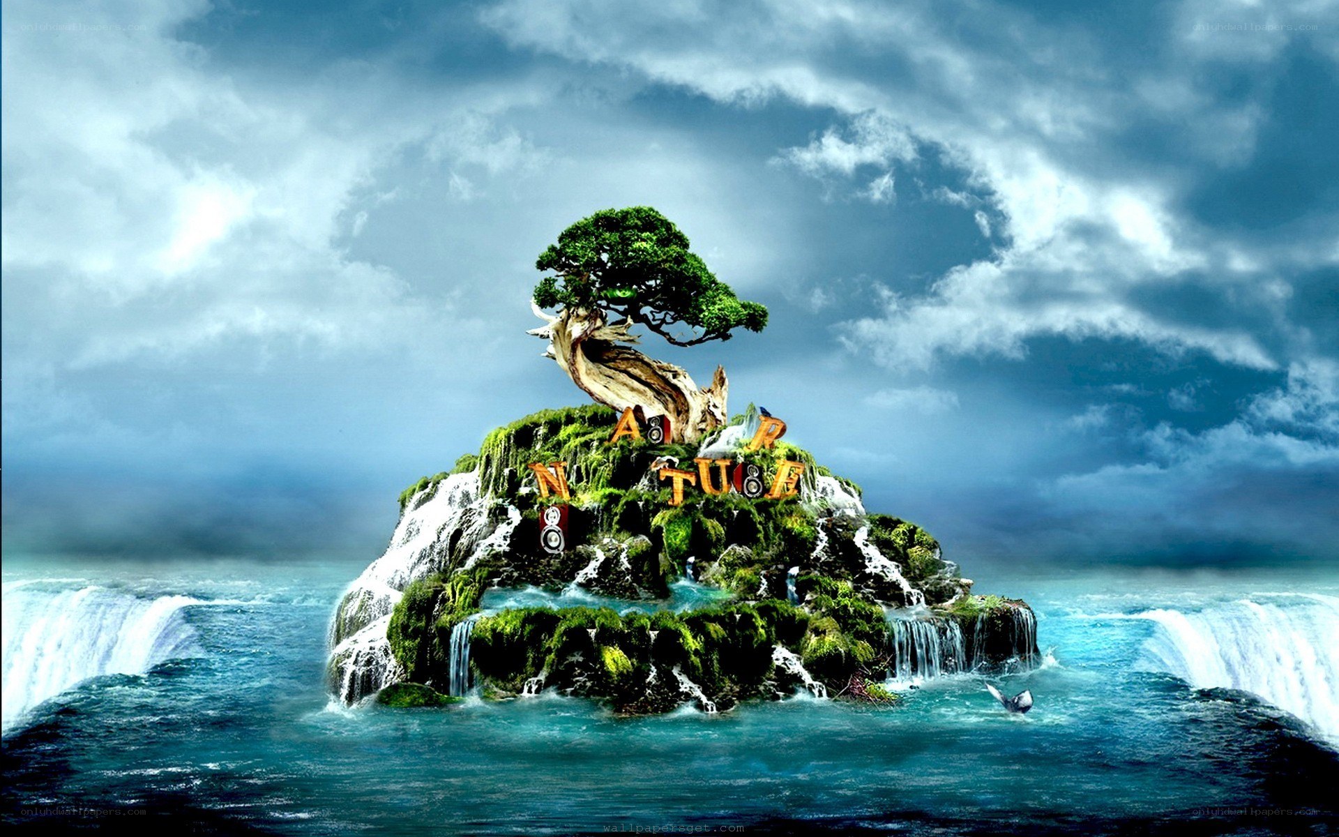 Island with tree and waterfalls
