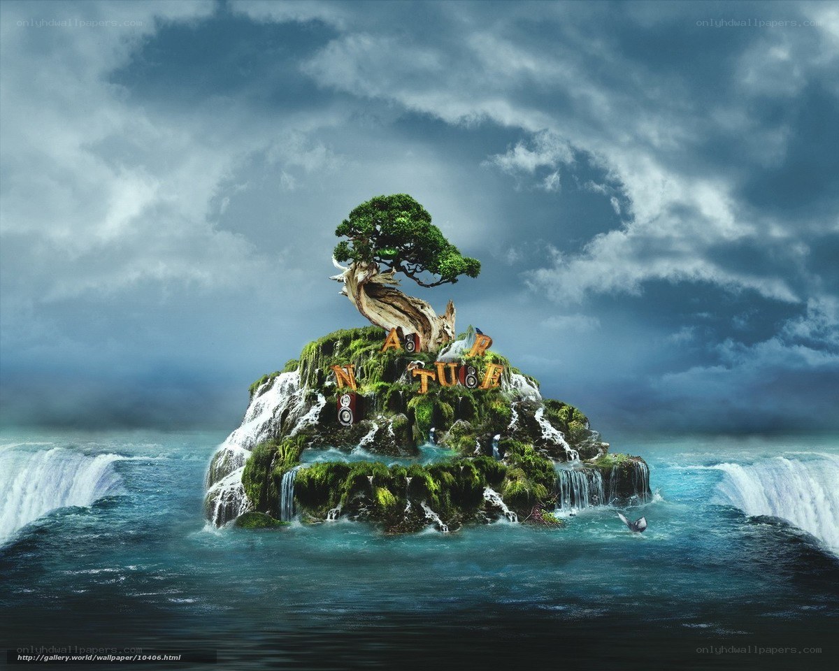 Island with tree and waterfalls