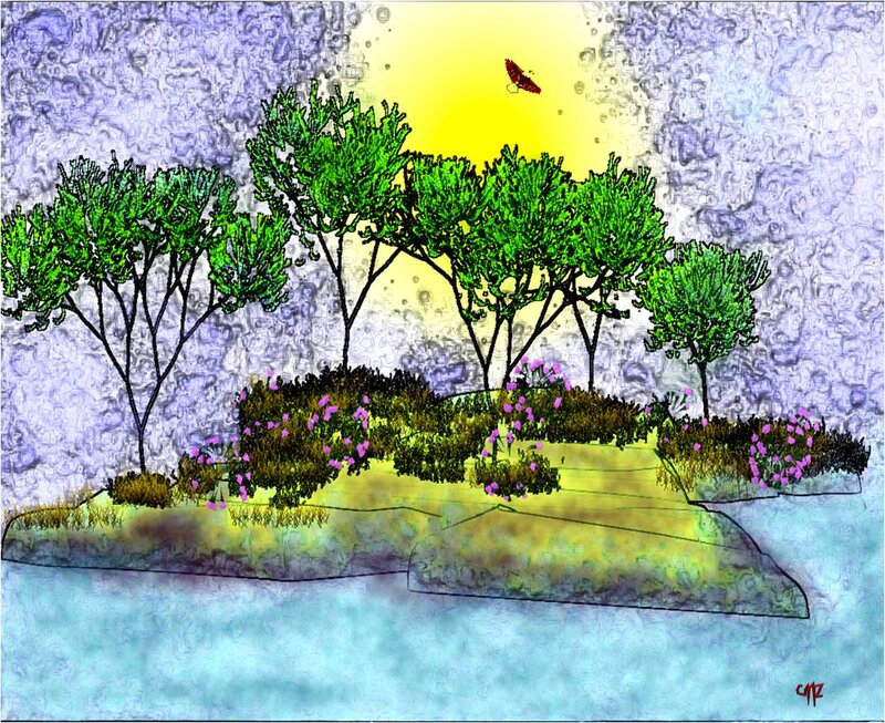 Island with Trees and Flowers