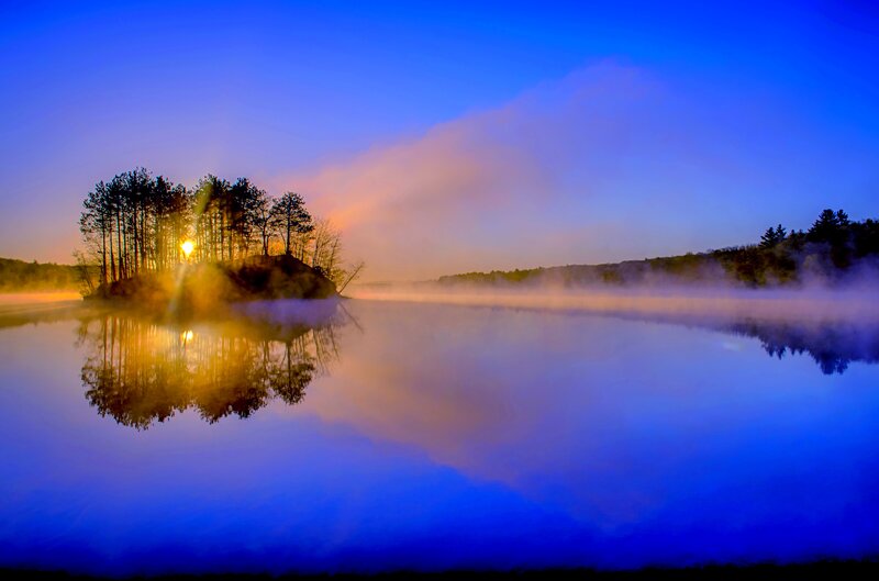 Island with Trees at Sunrise — Blue