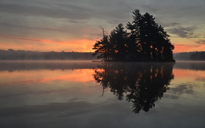 Island with Trees at Sunrise — Orange, Serene