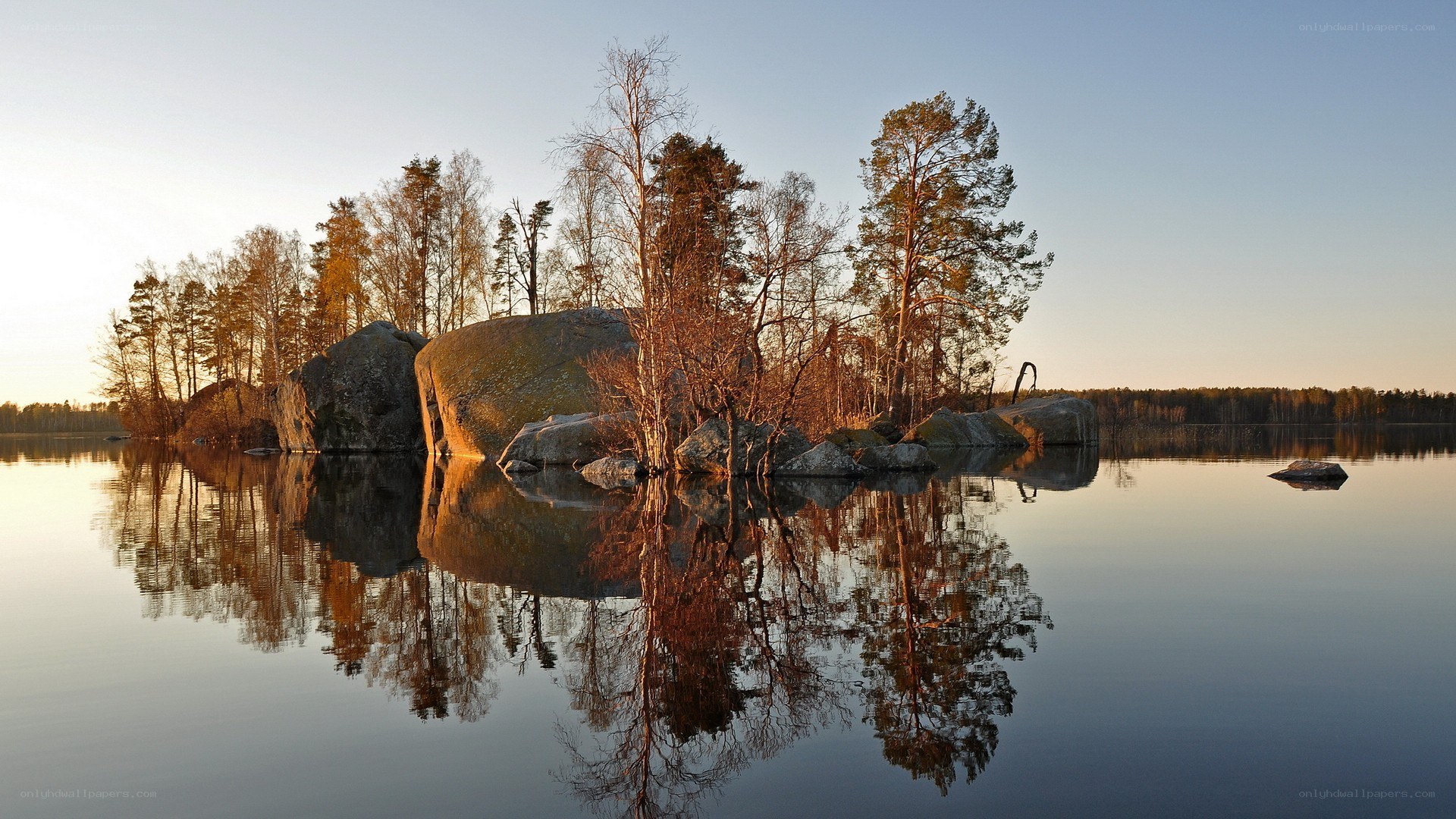 Island with trees at sunset