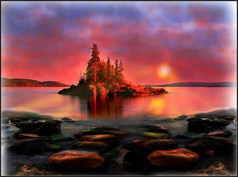 Island with Trees at Sunset — Red