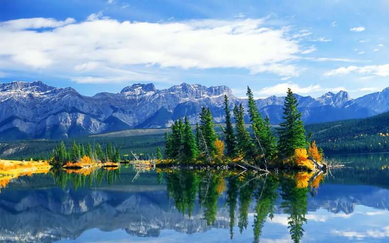 Island with Trees in Lake — Blue