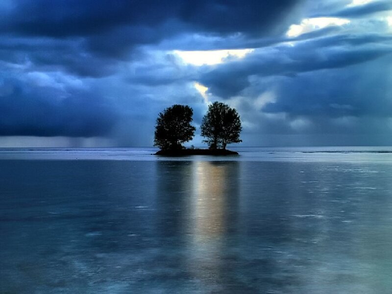 Island with two trees at dusk